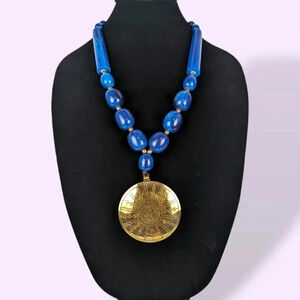 Vintage Chunky Blue Beaded Pendant Necklace